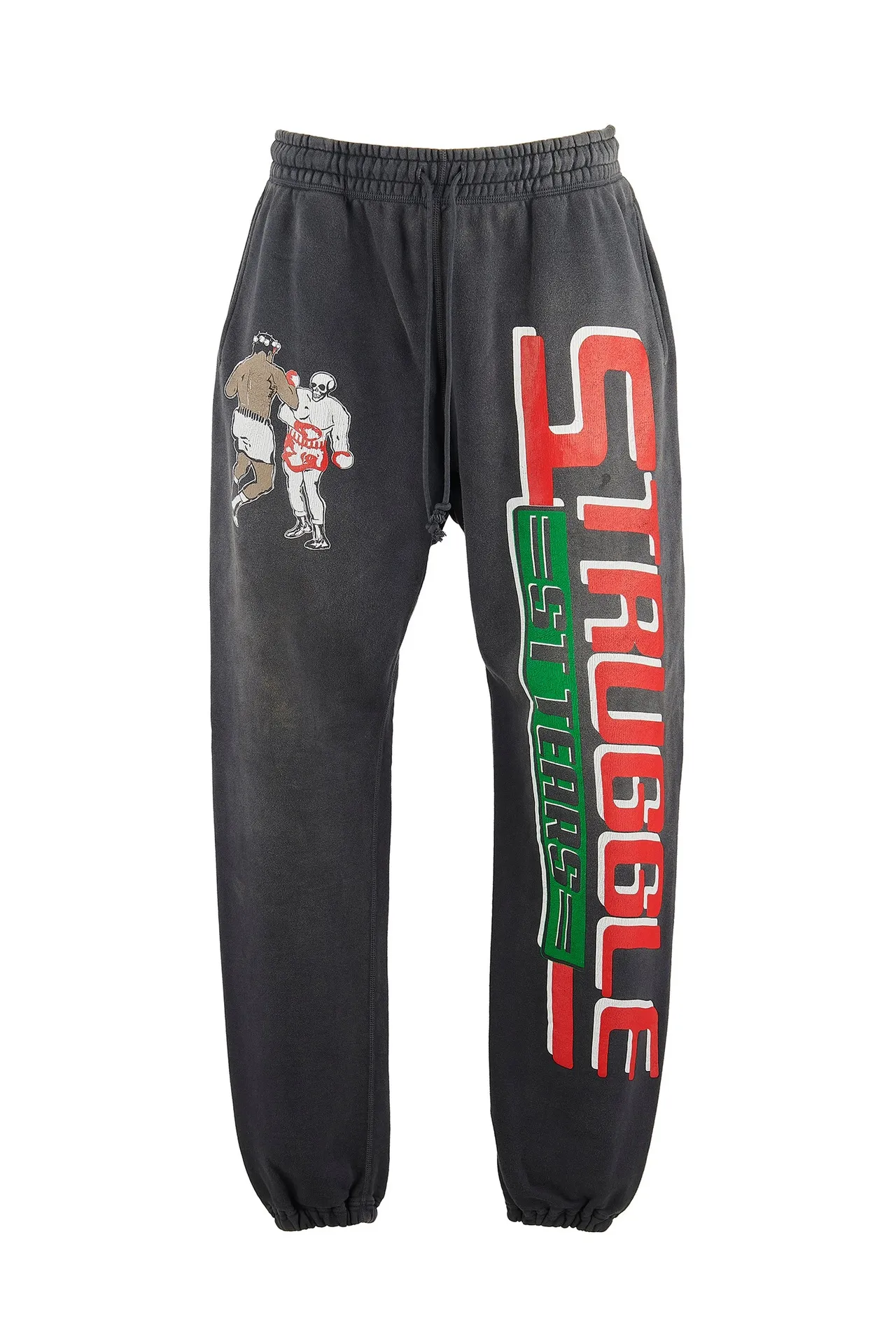SAINT Mxxxxxx x DENIM TEARS STRUGGLE SWTPNTS/BLK DT co-branded boxing retro distressed sweatpants, washed black S-XL Assute dyeing, whole piece sprayed with horse fade, authentic grade crack printing, mold customization co-branded main mark/washed mark, factory four-needle six-thread workmanship, no bone seams, more comfortable to wear